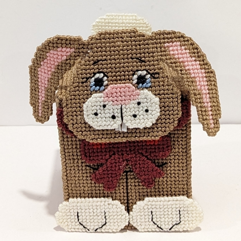 Handmade Needlepoint Brown Bunny Rabbit Tissue Box Cover Plastic Canvas Easter